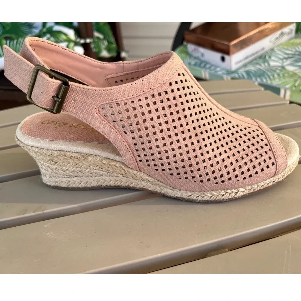 Easy Street Stacy Blush Pink Linen Perforated Wedge Sandals Womens 6.5 W Wide